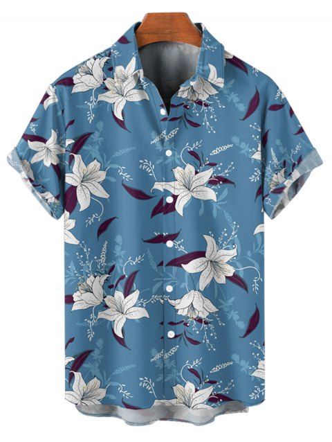 Chemise de vacances à motif floral et feuilles pour homme, chemise décontractée à manches courtes et boutons retroussables