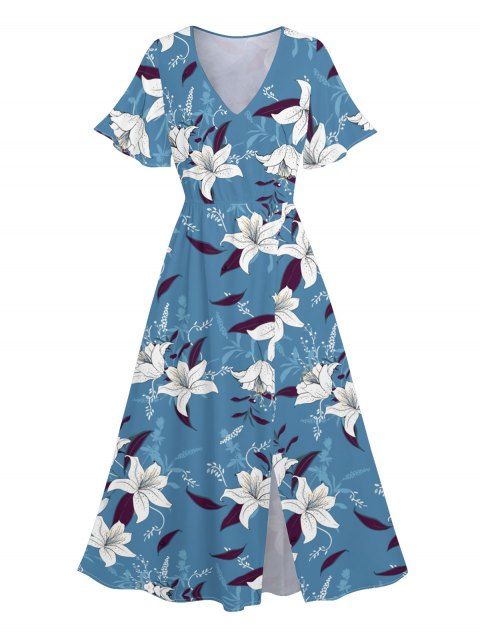 Robe de vacances fendue à motif de feuilles et de fleurs, col en V, manches évasées, robe trapèze décontractée