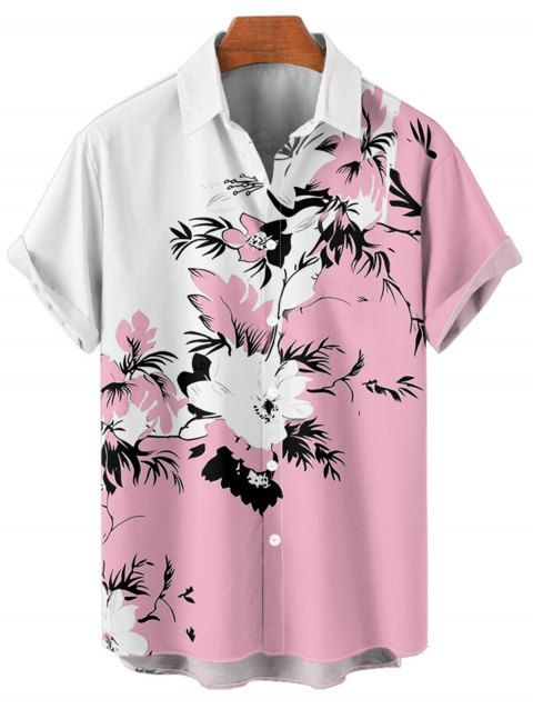 Chemise de vacances à motif floral et feuilles pour homme, couleur contrastée, à manches courtes retroussables et boutonnée, décontractée