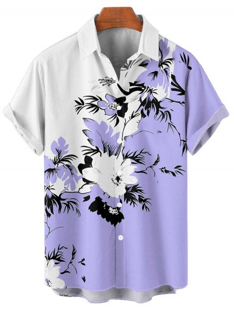 Chemise de vacances à motif floral et feuilles pour homme, couleur contrastée, à manches courtes retroussables et boutonnée, décontractée
