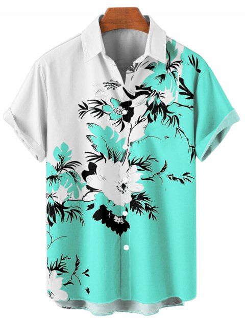Chemise de vacances à motif floral et feuilles pour homme, couleur contrastée, à manches courtes retroussables et boutonnée, décontractée