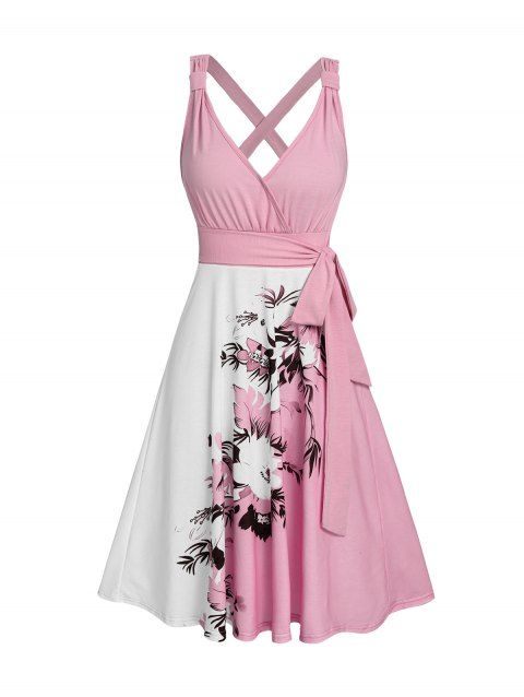 Robe de vacances décontractée à col en V et motif floral et feuilles contrastées, taille haute, coupe trapèze, ceinture