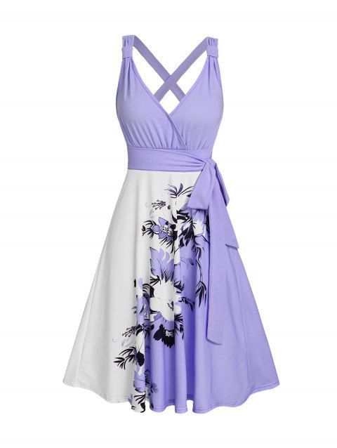 Robe de vacances décontractée à col en V et motif floral et feuilles contrastées, taille haute, coupe trapèze, ceinture
