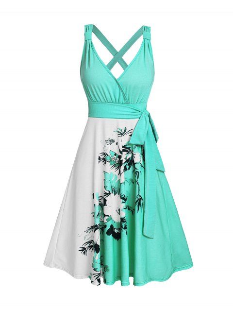 Robe de vacances décontractée à col en V et motif floral et feuilles contrastées, taille haute, coupe trapèze, ceinture