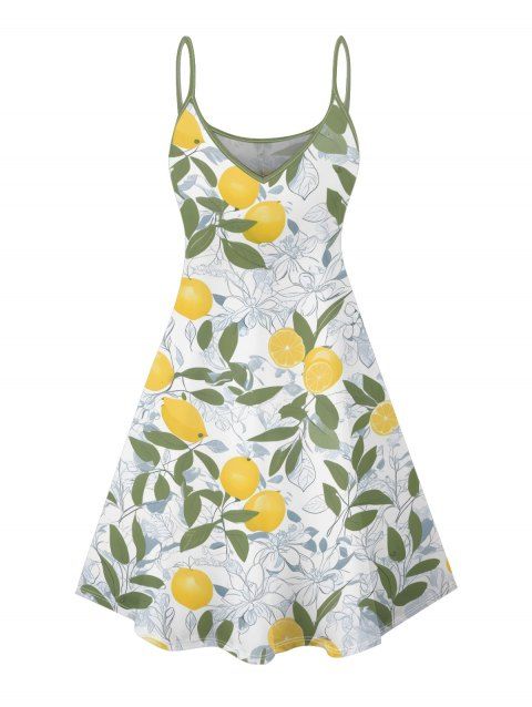 Robe de vacances à motif floral et feuilles de citron, mini-robe débardeur à bretelles spaghetti et col en V
