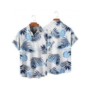 Vacation Couple Outfit Leaf Pattern Ruched Bust Sweetheart Neck A Line Mini Dress and Roll Up Sleeve Shirt Matching Outfit