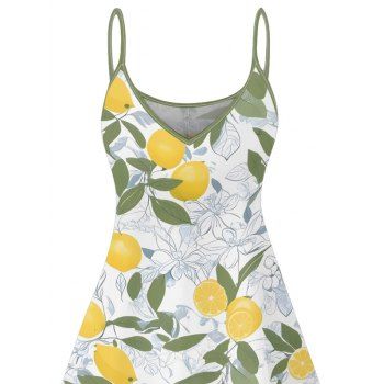 Allover Floral Lemon Leaf Pattern Vacation Dress Spaghetti Strap V Neck A Line Mini Tank Dress