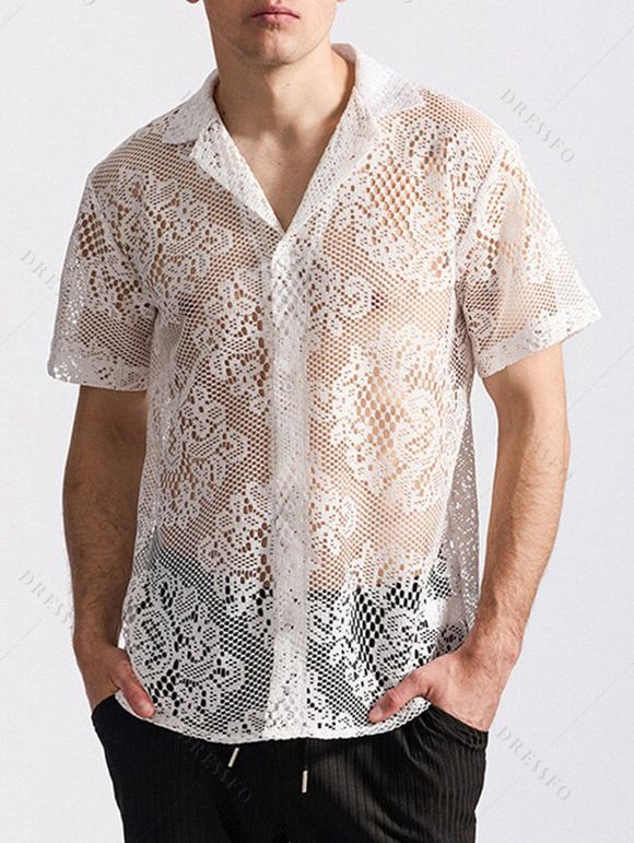 Chemise boutonnée à motif floral uni pour homme, col rabattu, manches courtes, décontractée - Blanc XXL | US 12