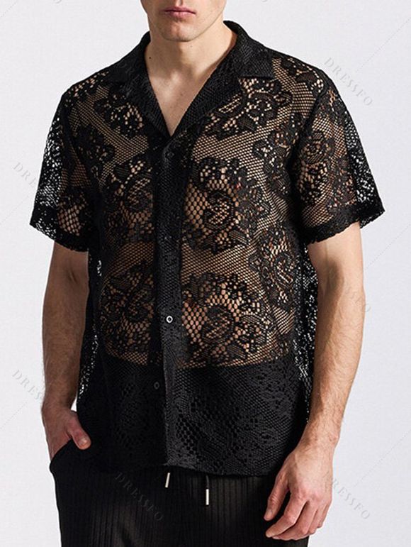 Chemise boutonnée à motif floral uni pour homme, col rabattu, manches courtes, décontractée - Noir XL | US 10