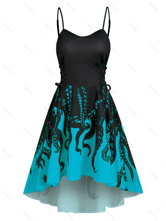 Robe d'Eté Haute Basse Mignonne à Bretelle à Imprimé Pieuvre à Lacets - Turquoise 2XL