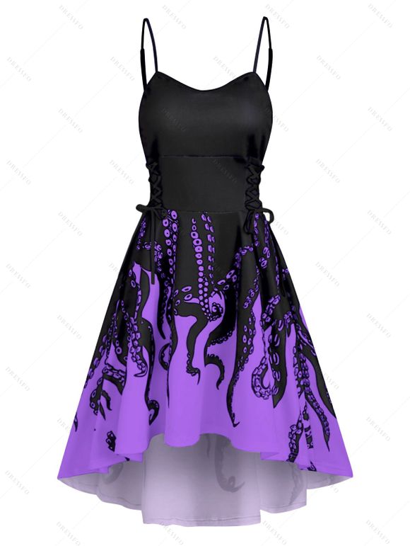 Robe d'Eté Haute Basse Mignonne à Bretelle à Imprimé Pieuvre à Lacets - Pourpre Tyrian 2XL