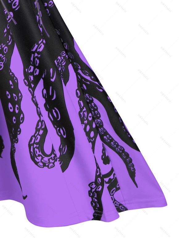 Robe d'Eté Haute Basse Mignonne à Bretelle à Imprimé Pieuvre à Lacets - Pourpre Tyrian M