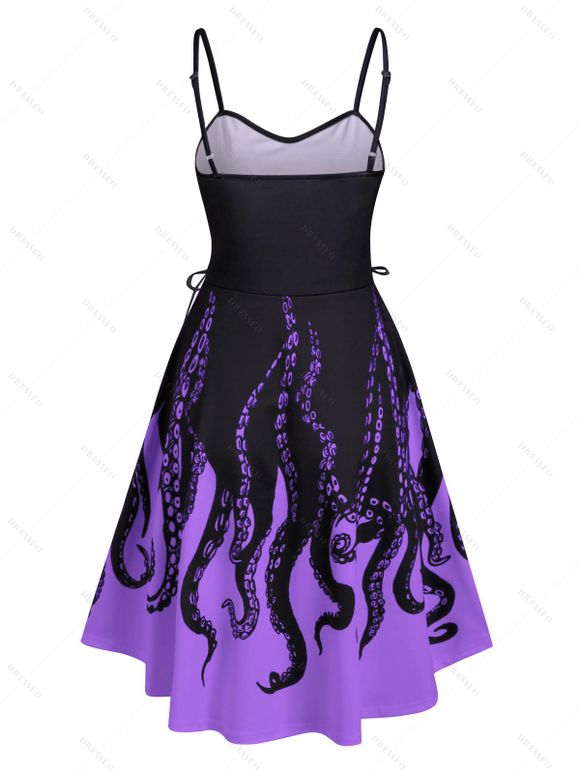 Robe d'Eté Haute Basse Mignonne à Bretelle à Imprimé Pieuvre à Lacets - Pourpre Tyrian M