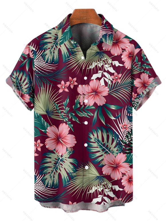 Chemise de vacances à manches courtes et boutons pour homme, motif fleur d'hibiscus et feuilles tropicales - Rouge foncé 5XL