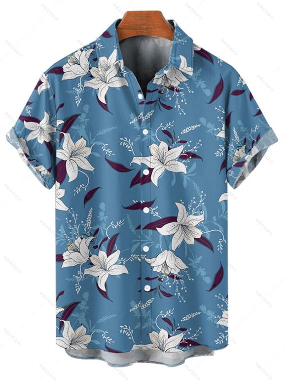 Chemise de vacances à motif floral et feuilles pour homme, chemise décontractée à manches courtes et boutons retroussables - Bleu gris 5XL