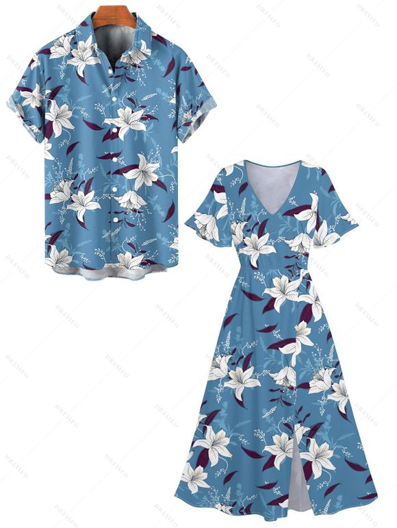 Vacation Couple Outfit Flower Leaf Pattern Slit Flare Sleeve A Line Dress and Roll Up Sleeve Shirt Casual Matching Outfit - Bleu gris S | US 4