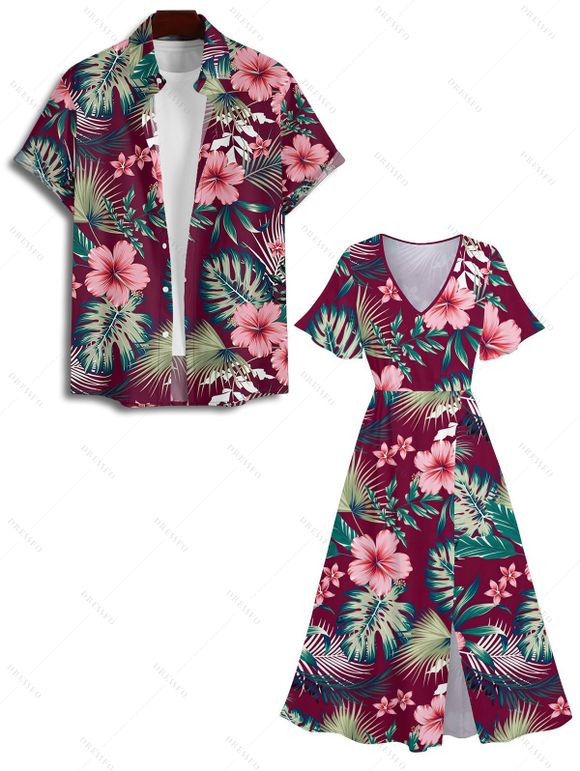 Vacation Couple Outfit Hibiscus Flower Tropical Leaf Pattern Slit Flare Sleeve Dress and Roll Up Sleeve Shirt Hawaii Matching Outfit - Rouge foncé S | US 4