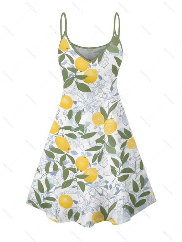 Robe de vacances à motif floral et feuilles de citron, mini-robe débardeur à bretelles spaghetti et col en V - Vert S | US 4