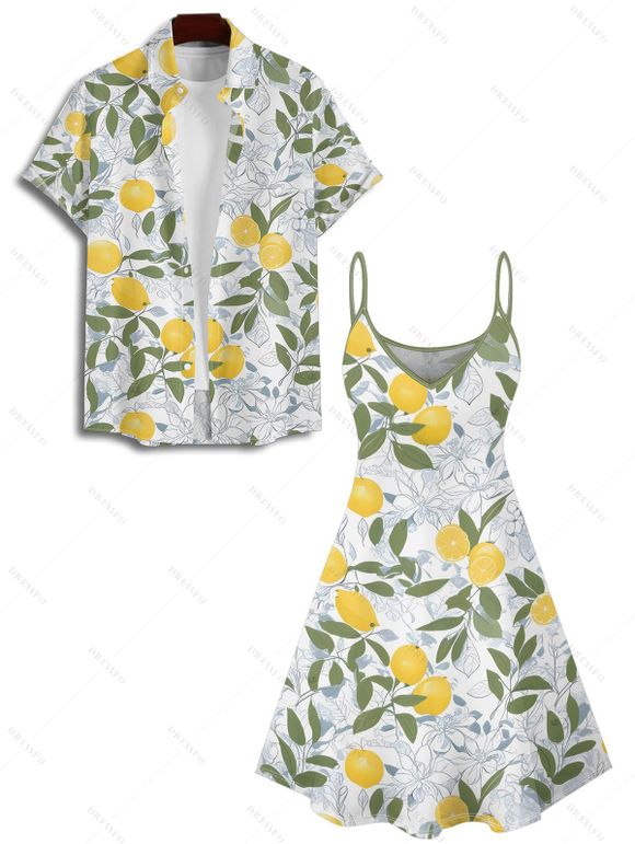 Vacation Couple Outfit Allover Floral Lemon Leaf Pattern Spaghetti Strap A Line Mini Tank Dress and Roll Up Sleeve Shirt Matching Outfit - Vert S | US 4