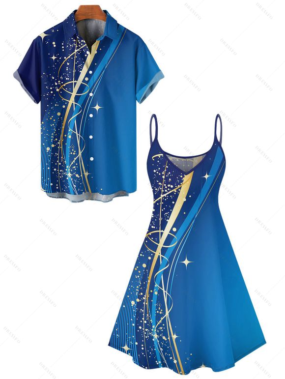Casual Couple Outfit Ombre Geometric Pattern Spaghetti Strap V Neck A Line Mini Tank Dress and Roll Up Sleeve Shirt Matching Outfit - Bleu S | US 4