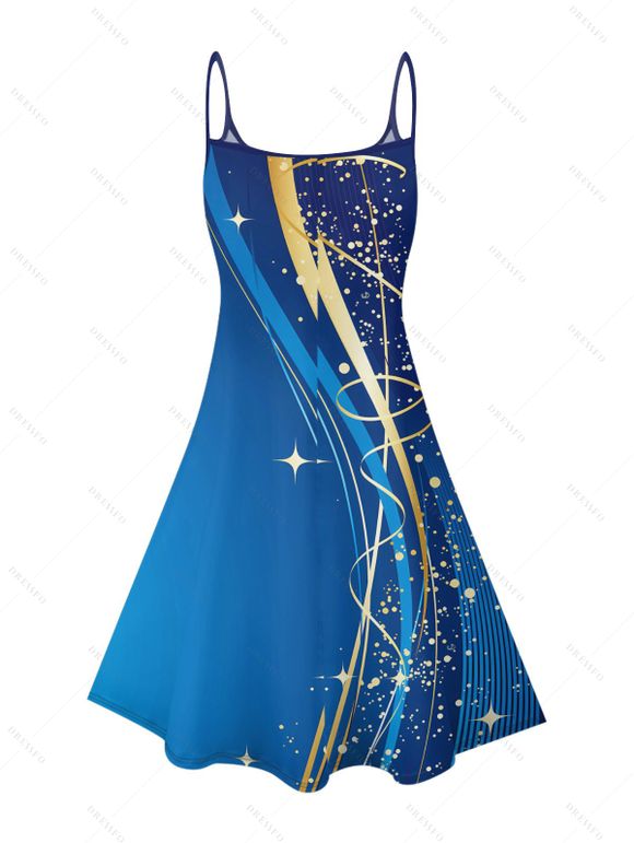 Robe décontractée à motif géométrique ombré, bretelles spaghetti, col en V, coupe trapèze, mini-robe débardeur de vacances - Bleu XXXL | US 16