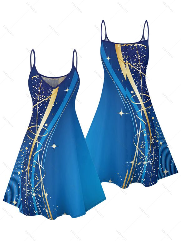 Casual Couple Outfit Ombre Geometric Pattern Spaghetti Strap V Neck A Line Mini Tank Dress and Roll Up Sleeve Shirt Matching Outfit - Bleu S | US 4