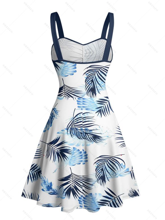 Robe de vacances à motif de feuilles, buste froncé, col en cœur, mini robe hawaïenne trapèze - Blanc S | US 4