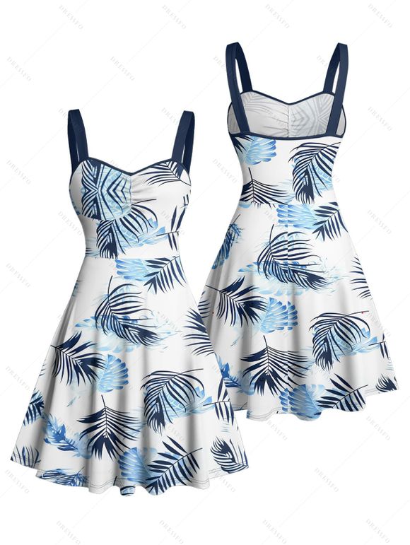 Robe de vacances à motif de feuilles, buste froncé, col en cœur, mini robe hawaïenne trapèze - Blanc S | US 4