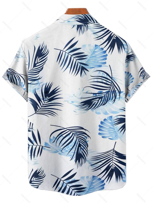 Chemise hawaïenne à motif de feuilles pour homme, chemise de vacances boutonnée à manches courtes et retroussées - Blanc M