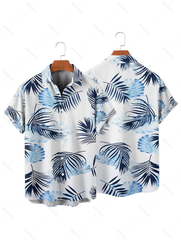 Chemise hawaïenne à motif de feuilles pour homme, chemise de vacances boutonnée à manches courtes et retroussées - Blanc M