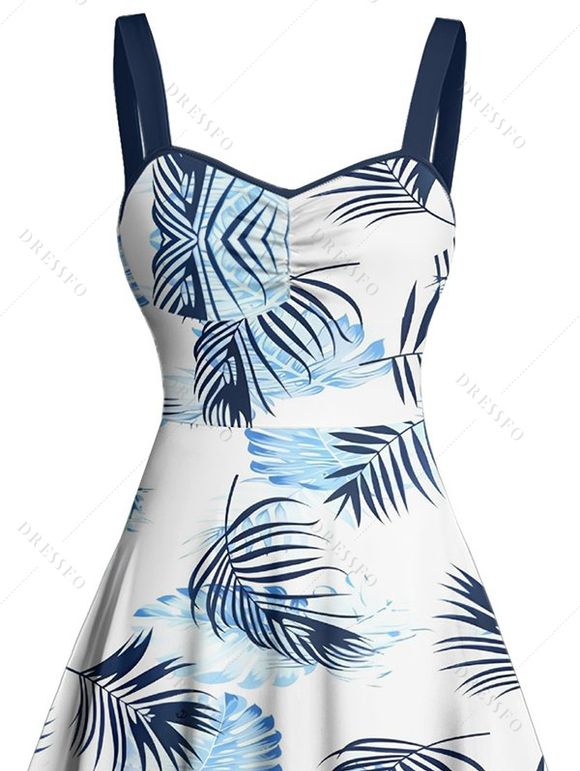 Robe de vacances à motif de feuilles, buste froncé, col en cœur, mini robe hawaïenne trapèze - Blanc S | US 4