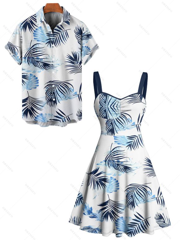 Vacation Couple Outfit Leaf Pattern Ruched Bust Sweetheart Neck Belt A Line Mini Dress and Roll Up Sleeve Shirt Matching Outfit - Blanc S | US 4