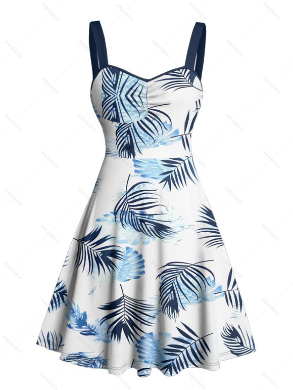 Vacation Couple Outfit Leaf Pattern Ruched Bust Sweetheart Neck A Line Mini Dress and Roll Up Sleeve Shirt Matching Outfit - Blanc S | US 4