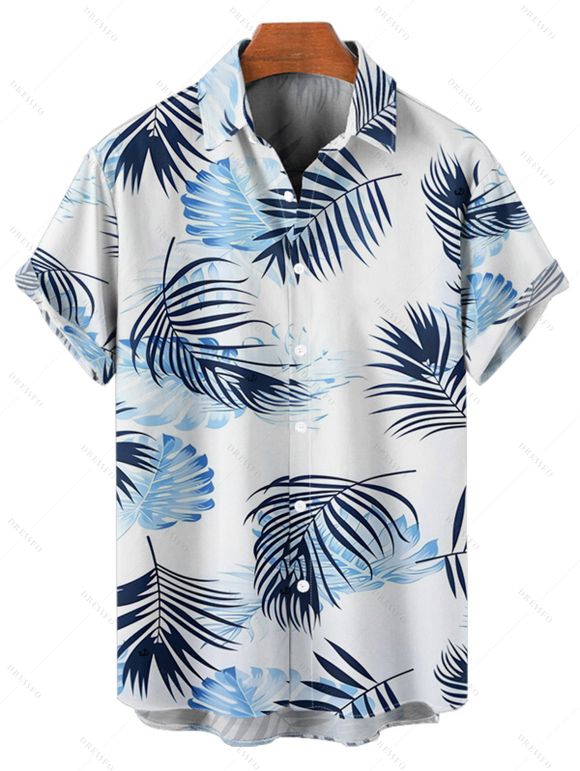 Vacation Couple Outfit Leaf Pattern Ruched Bust Sweetheart Neck A Line Mini Dress and Roll Up Sleeve Shirt Matching Outfit - Blanc S | US 4