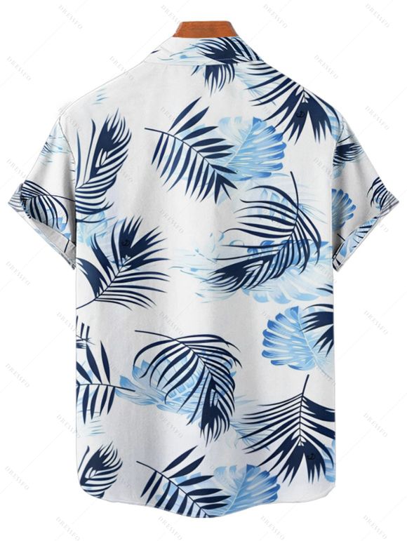 Vacation Couple Outfit Leaf Pattern Ruched Bust Sweetheart Neck A Line Mini Dress and Roll Up Sleeve Shirt Matching Outfit - Blanc S | US 4