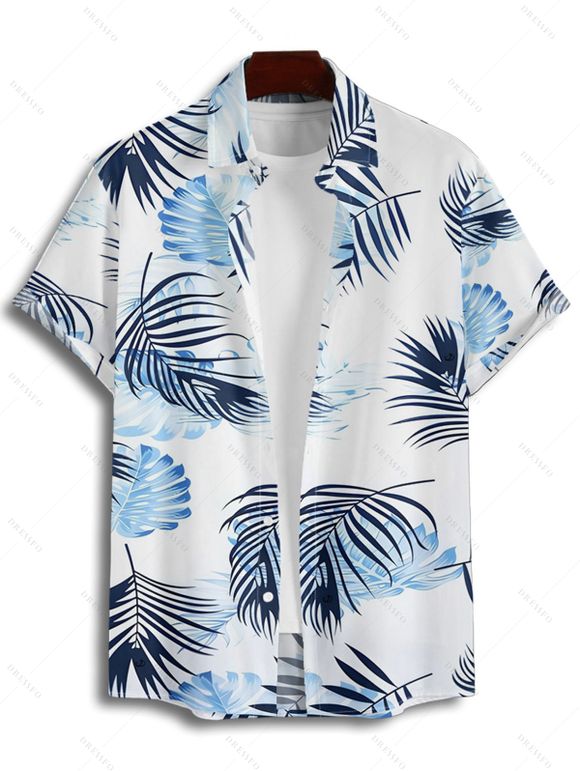 Vacation Couple Outfit Leaf Pattern Ruched Bust Sweetheart Neck A Line Mini Dress and Roll Up Sleeve Shirt Matching Outfit - Blanc S | US 4