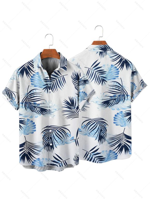 Vacation Couple Outfit Leaf Pattern Ruched Bust Sweetheart Neck A Line Mini Dress and Roll Up Sleeve Shirt Matching Outfit - Blanc S | US 4