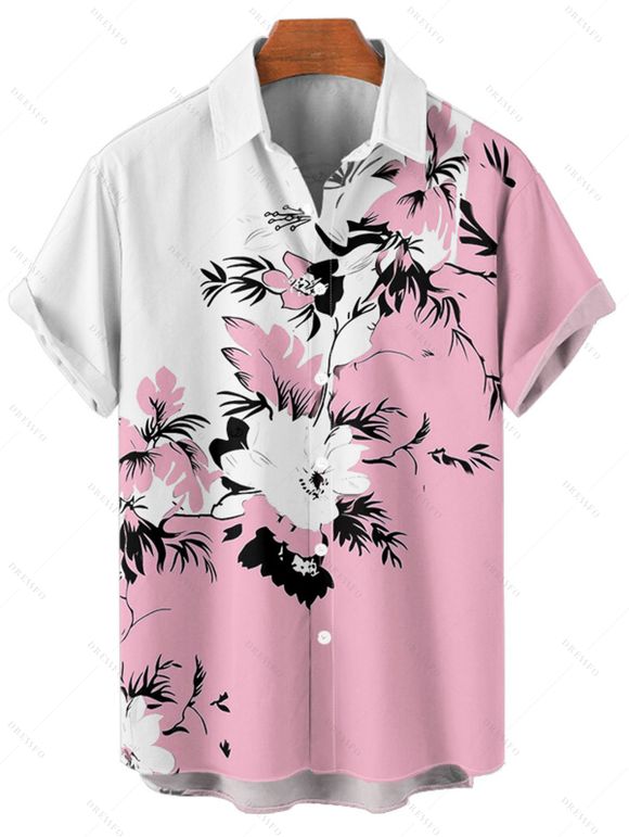 Chemise de vacances à motif floral et feuilles pour homme, couleur contrastée, à manches courtes retroussables et boutonnée, décontractée - Rose clair 5XL