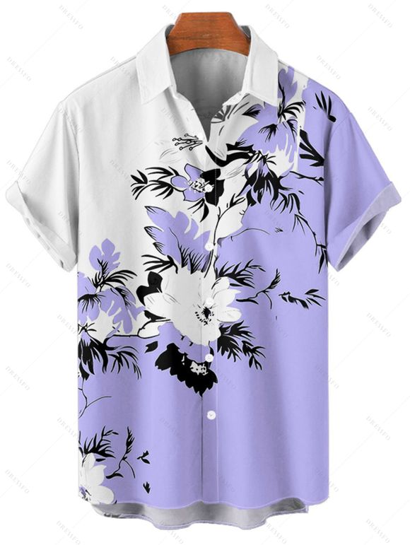 Chemise de vacances à motif floral et feuilles pour homme, couleur contrastée, à manches courtes retroussables et boutonnée, décontractée - Violet clair 5XL