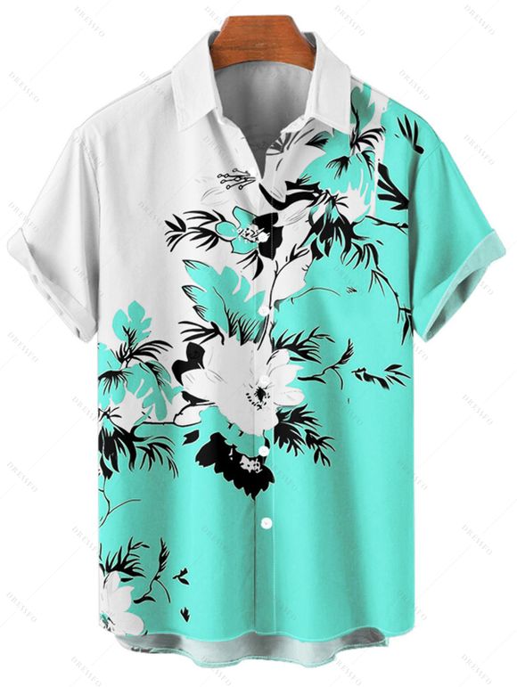 Chemise de vacances à motif floral et feuilles pour homme, couleur contrastée, à manches courtes retroussables et boutonnée, décontractée - Vert clair 5XL
