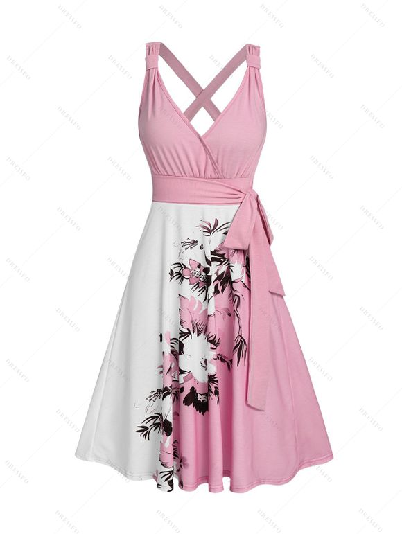 Robe de vacances décontractée à col en V et motif floral et feuilles contrastées, taille haute, coupe trapèze, ceinture - Rose clair XXL | US 14