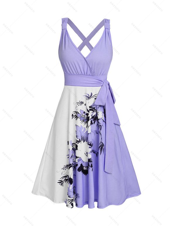 Robe de vacances décontractée à col en V et motif floral et feuilles contrastées, taille haute, coupe trapèze, ceinture - Violet clair XXL | US 14