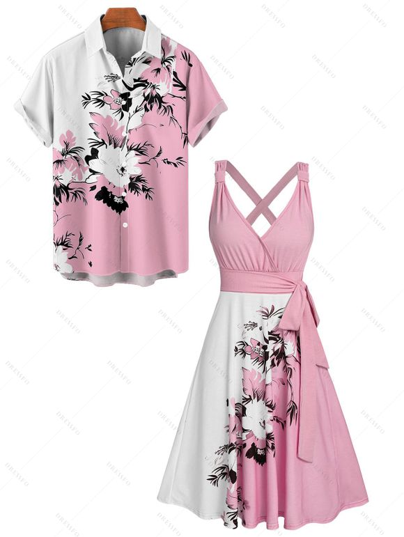 Vacation Couple Outfit Floral Leaf Pattern Contrast Color Surplice A Line Belt Dress and Roll Up Sleeve Shirt Casual Matching Outfit - Rose clair S | US 4