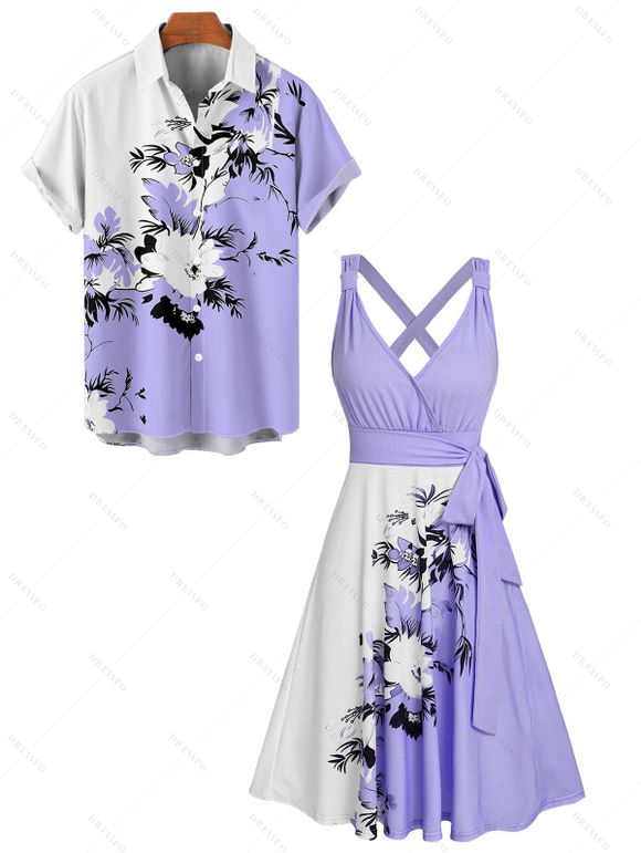 Vacation Couple Outfit Floral Leaf Pattern Contrast Color Surplice A Line Belt Dress and Roll Up Sleeve Shirt Casual Matching Outfit - Violet clair S | US 4