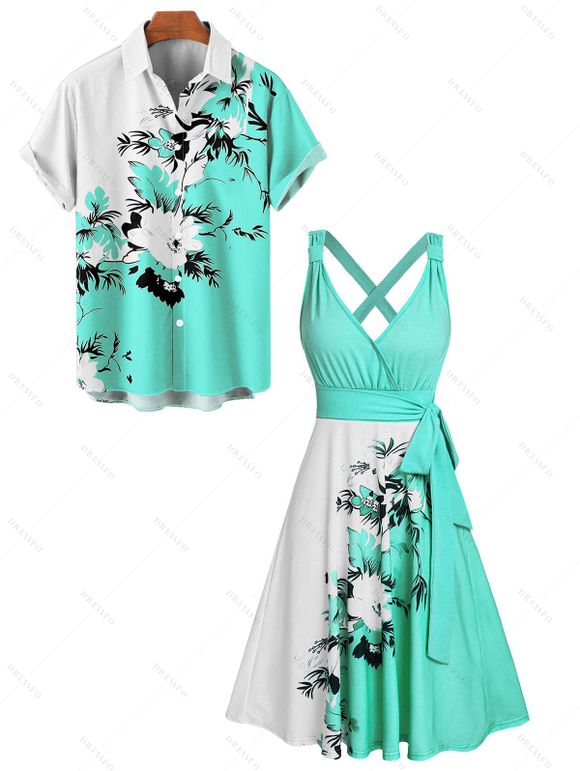 Vacation Couple Outfit Floral Leaf Pattern Contrast Color Surplice A Line Belt Dress and Roll Up Sleeve Shirt Casual Matching Outfit - Vert clair S | US 4