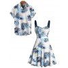 Vacation Couple Outfit Leaf Pattern Ruched Bust Sweetheart Neck A Line Mini Dress and Roll Up Sleeve Shirt Matching Outfit - Blanc S | US 4