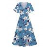 Robe de vacances fendue à motif de feuilles et de fleurs, col en V, manches évasées, robe trapèze décontractée - Bleu gris XXL | US 14