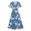Robe de vacances fendue à motif de feuilles et de fleurs, col en V, manches évasées, robe trapèze décontractée - Bleu gris XXL | US 14