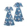 Robe de vacances fendue à motif de feuilles et de fleurs, col en V, manches évasées, robe trapèze décontractée - Bleu gris XXL | US 14