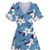 Robe de vacances fendue à motif de feuilles et de fleurs, col en V, manches évasées, robe trapèze décontractée - Bleu gris XXL | US 14